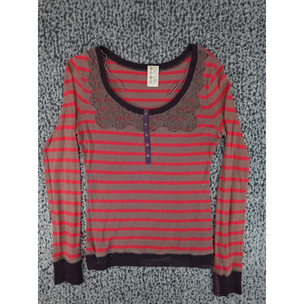 Free‎ People Henley Top Womens Medium Brown Red Striped Lace Trim Boho